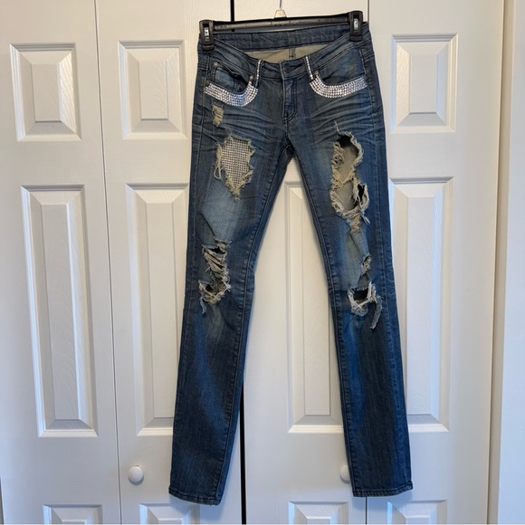 A7 Distressed Blue Jeans with Swarovski Crystals, Size 26 - Picture 1 of 12